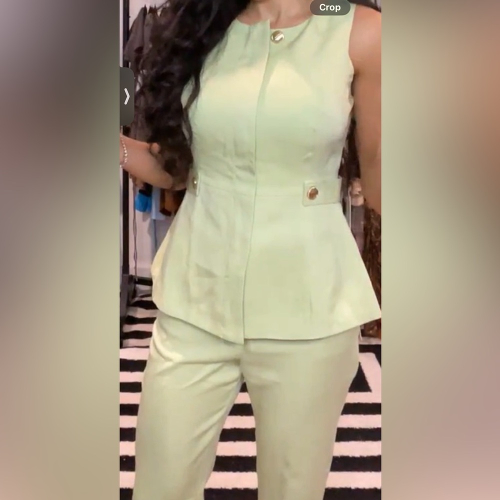 Sage Light Green Peplum Pantsuit with Gold Buttons